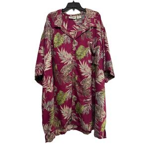 King Size Shirt Mens 6XL Button Down Magenta Tropical Leaf Print Short Sleeve